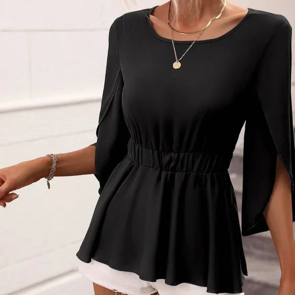 Black Boho Womens Knot Back Split Sleeve Blouse - Picture 5 of 5